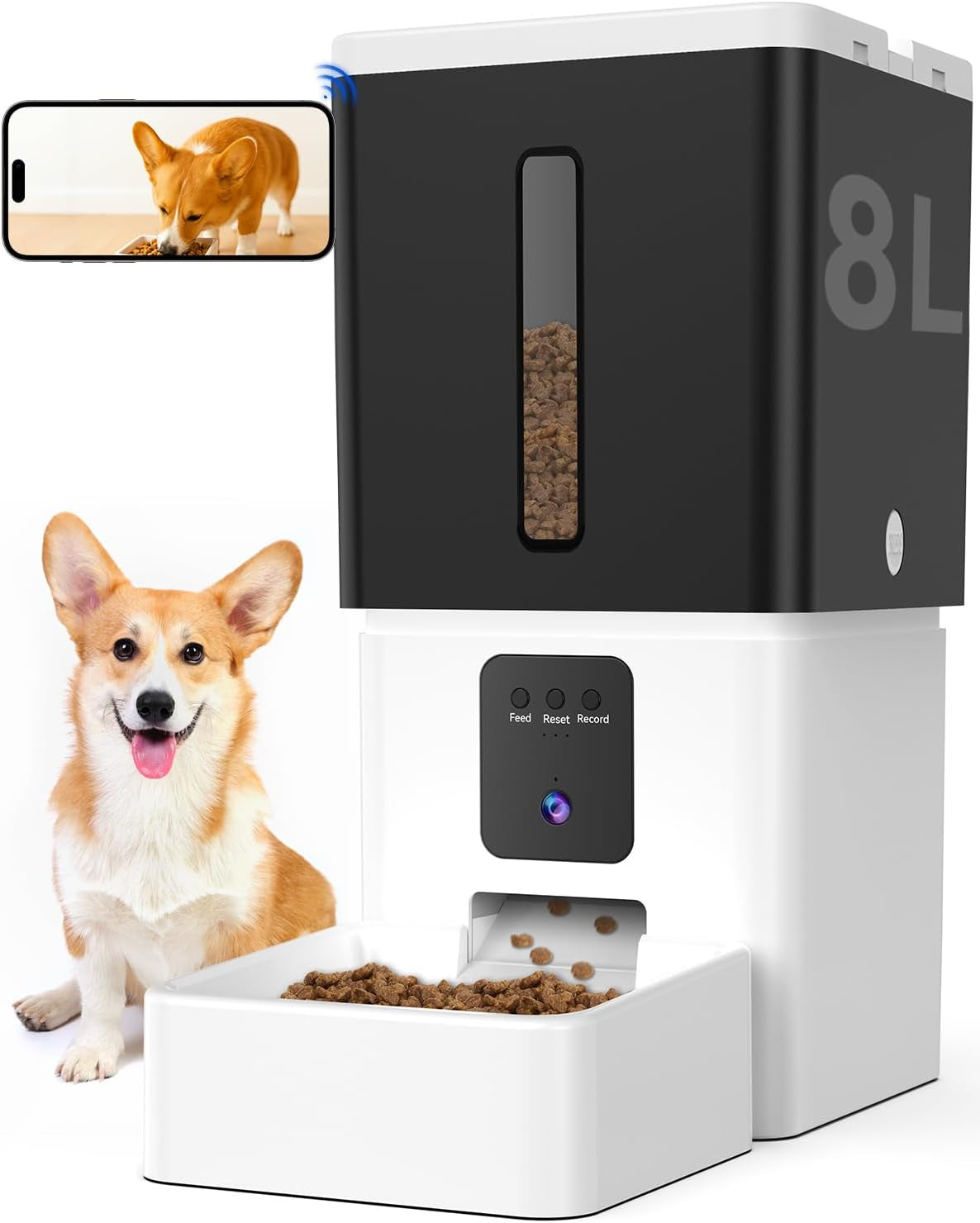 Automatic Dog Feeder with Camera: 8L/33 Cups 5G Wifi | Timed Food Dispenser for Medium Dogs, 1080P HD Night Vision, Video Recording, 2-Way Audio, APP Control