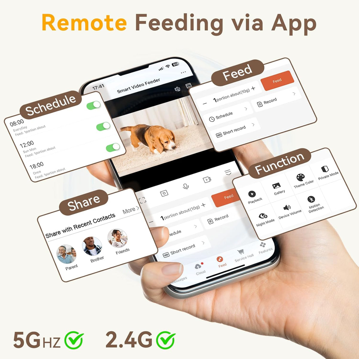 Automatic Dog Feeder with Camera: 8L/33 Cups 5G Wifi | Timed Food Dispenser for Medium Dogs, 1080P HD Night Vision, Video Recording, 2-Way Audio, APP Control