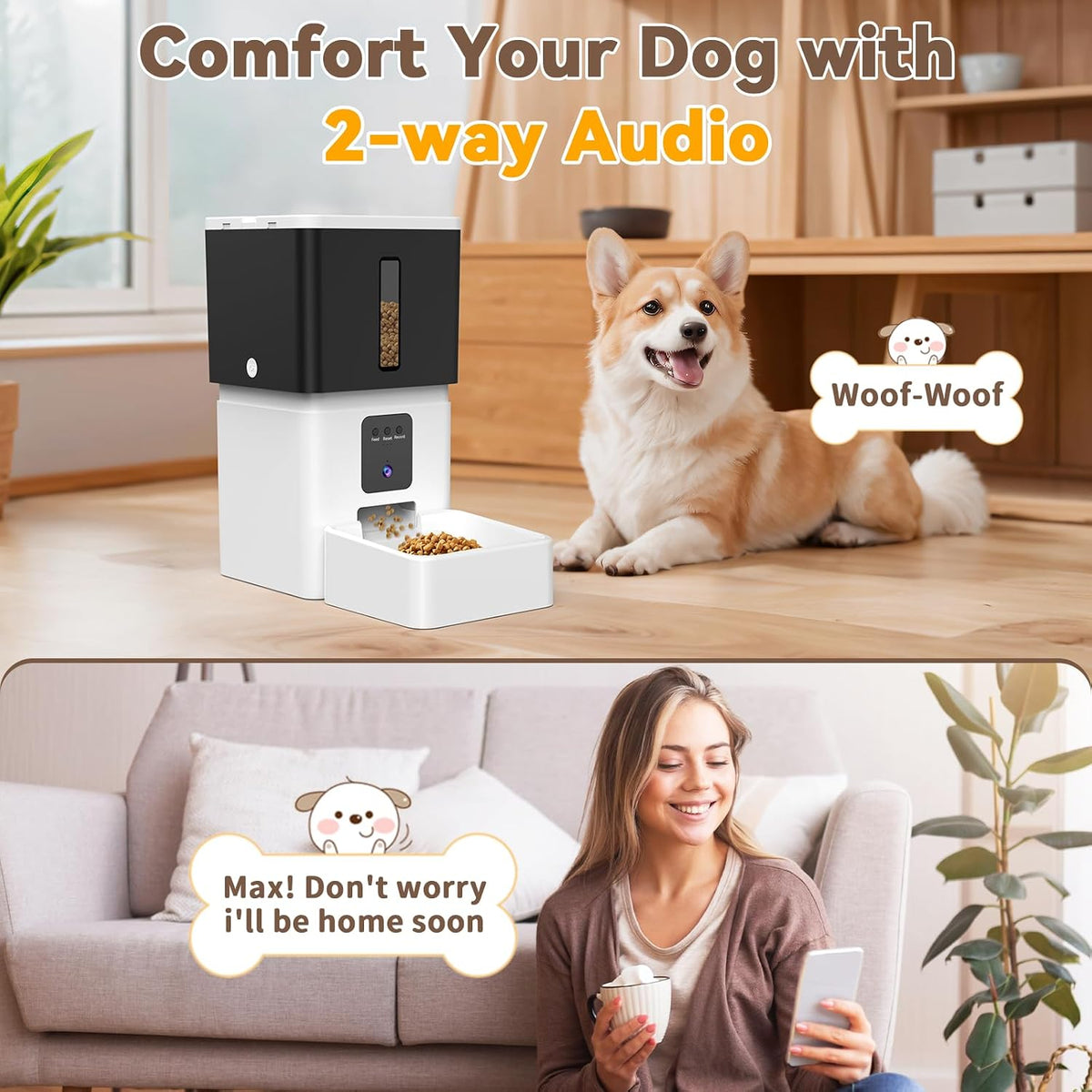 Automatic Dog Feeder with Camera: 8L/33 Cups 5G Wifi | Timed Food Dispenser for Medium Dogs, 1080P HD Night Vision, Video Recording, 2-Way Audio, APP Control