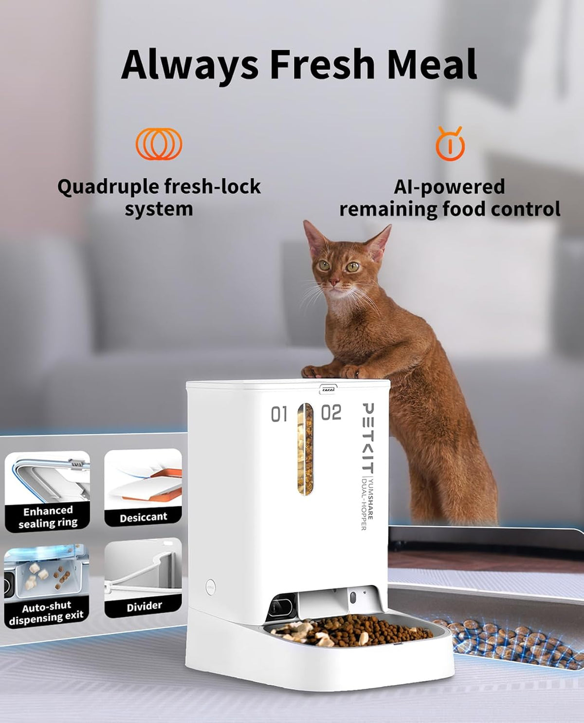 PETKIT Automatic Cat Dog Feeder with Camera, Ai-Powered Motion Capturing, 1080P HD Video with Night Vision, 2.4G Wifi Pet Feeder with 2-Way Audio, Dual Hopper Pet Food Dispenser with Desiccant